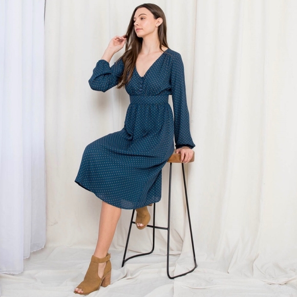 LAST ONE❗️ROKOKO Dark Teal Polka Dot Flowy Midi Dress - Picture 2 of 10